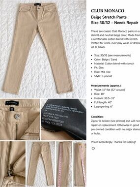 Club Monaco Beige Slim Stretch Pants 30/32 Neutral Minimalist – Repair Project